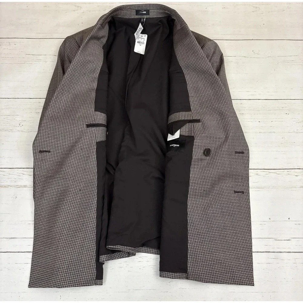 Express Blazer Sport Coat Mens 40S Brown Check Tweed Double Breasted Slim Fit